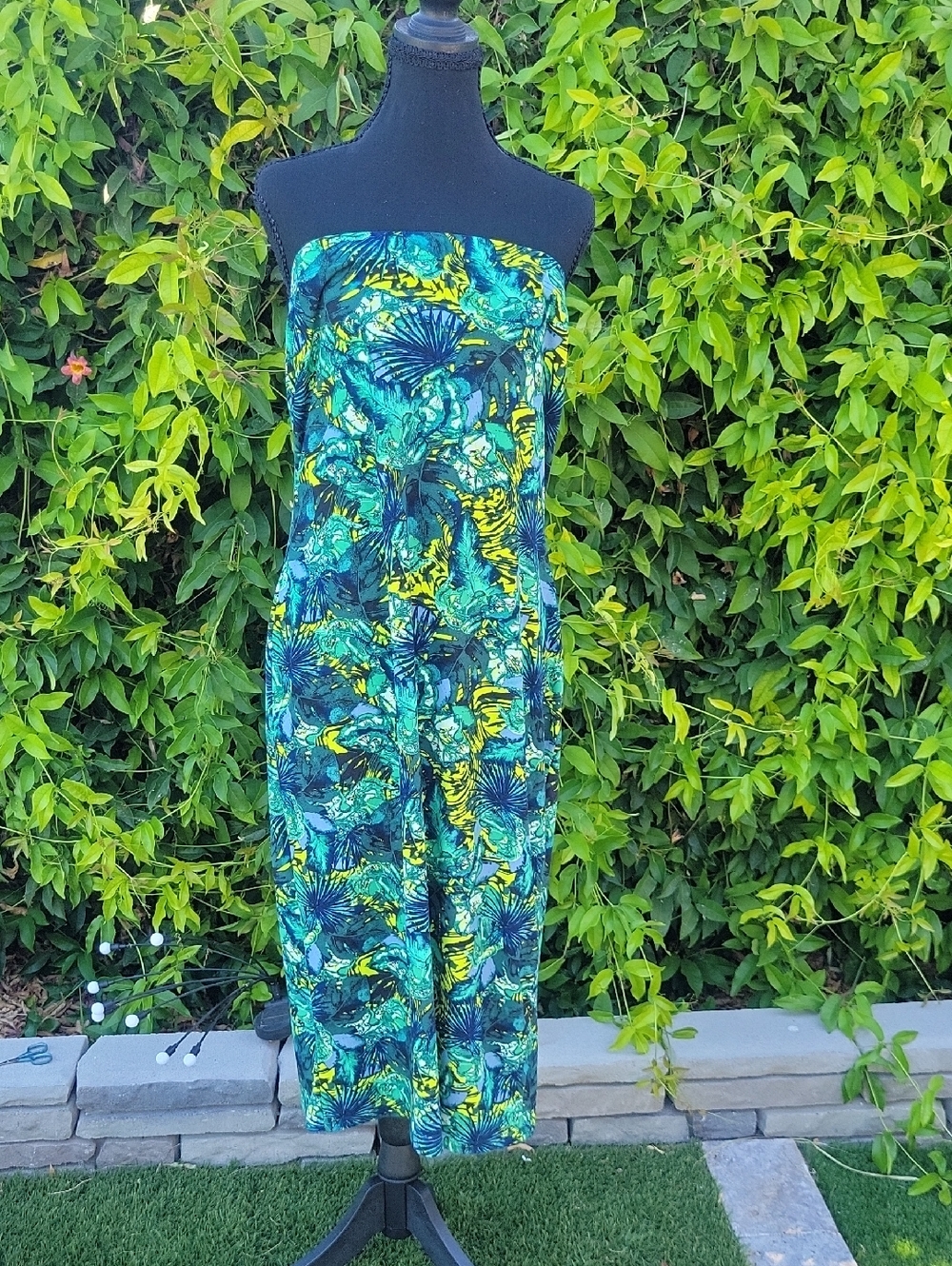 Strapless Tropical Botanical Print Green Blue Yellow Dress 1XL